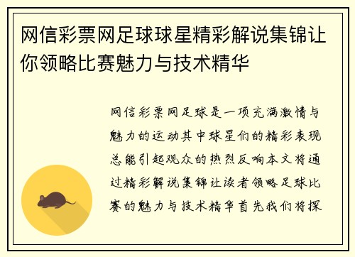 网信彩票网足球球星精彩解说集锦让你领略比赛魅力与技术精华