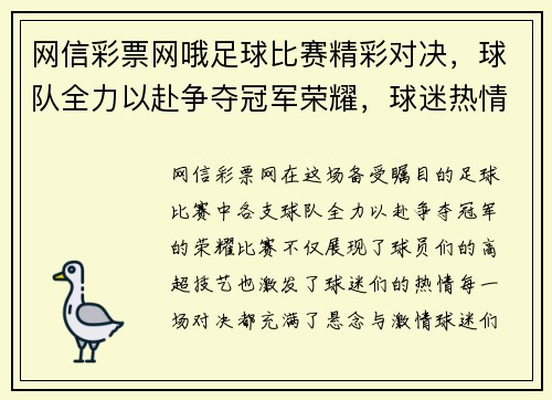 网信彩票网哦足球比赛精彩对决，球队全力以赴争夺冠军荣耀，球迷热情高涨！