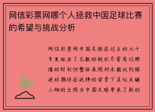 网信彩票网哪个人拯救中国足球比赛的希望与挑战分析