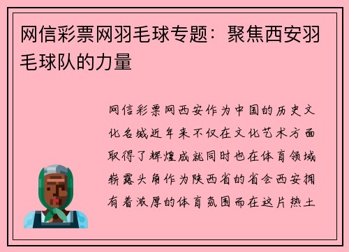 网信彩票网羽毛球专题：聚焦西安羽毛球队的力量