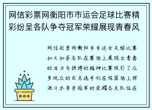 网信彩票网衡阳市市运会足球比赛精彩纷呈各队争夺冠军荣耀展现青春风采