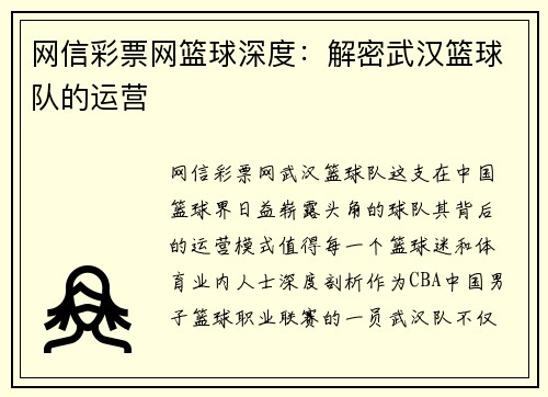 网信彩票网篮球深度：解密武汉篮球队的运营