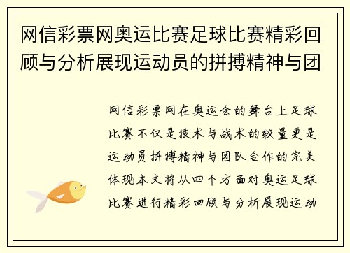 网信彩票网奥运比赛足球比赛精彩回顾与分析展现运动员的拼搏精神与团队合作