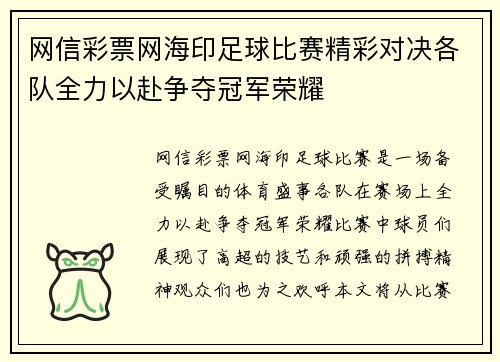 网信彩票网海印足球比赛精彩对决各队全力以赴争夺冠军荣耀