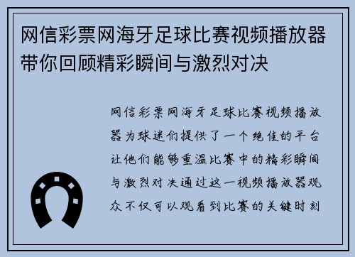 网信彩票网海牙足球比赛视频播放器带你回顾精彩瞬间与激烈对决