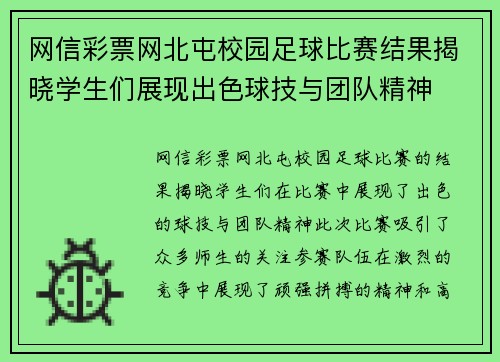 网信彩票网北屯校园足球比赛结果揭晓学生们展现出色球技与团队精神