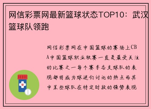 网信彩票网最新篮球状态TOP10：武汉篮球队领跑