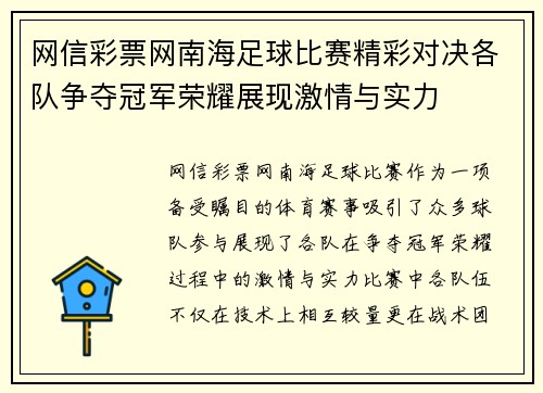 网信彩票网南海足球比赛精彩对决各队争夺冠军荣耀展现激情与实力
