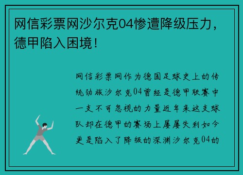 网信彩票网沙尔克04惨遭降级压力，德甲陷入困境！