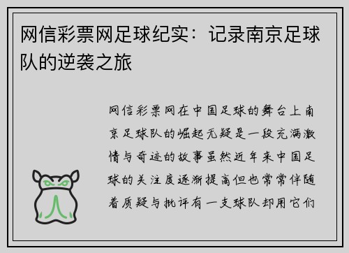 网信彩票网足球纪实：记录南京足球队的逆袭之旅